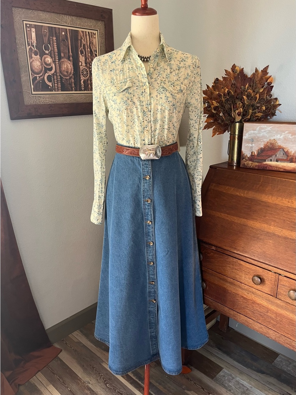 Vtg Western Ralph Lauren Inspired Denim A-line maxi skirt 90s 80s Y2K luxury